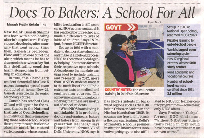 Newspaper article featuring NIOS that appeared in The Times of India on the 21st of January 2013